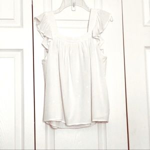 Jun Ivy White Ruffle Top with Embroidered Dots and Square Neckline